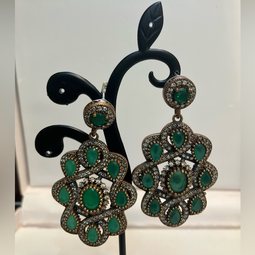 Turkish Emerald Jade Silver Antique Ottoman Dangle Earrings